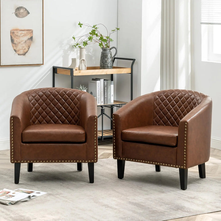 KINWELL 29 Inch Faux Leather Tufted Barrel Club Chairs, Set of 2, Brown