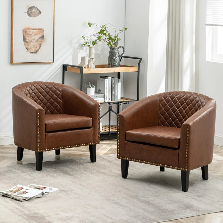 KINWELL 29 Inch Faux Leather Tufted Barrel Club Chairs, Set of 2, Brown