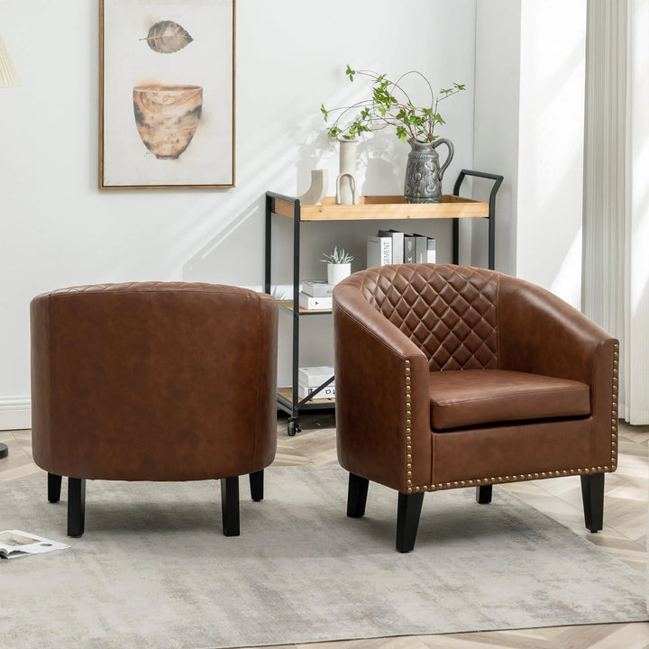 KINWELL 29 Inch Faux Leather Tufted Barrel Club Chairs, Set of 2, Brown