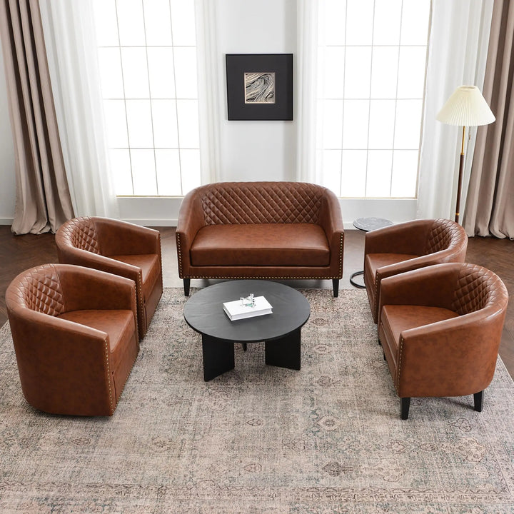 KINWELL 29 Inch Faux Leather Tufted Barrel Club Chairs, Set of 2, Brown