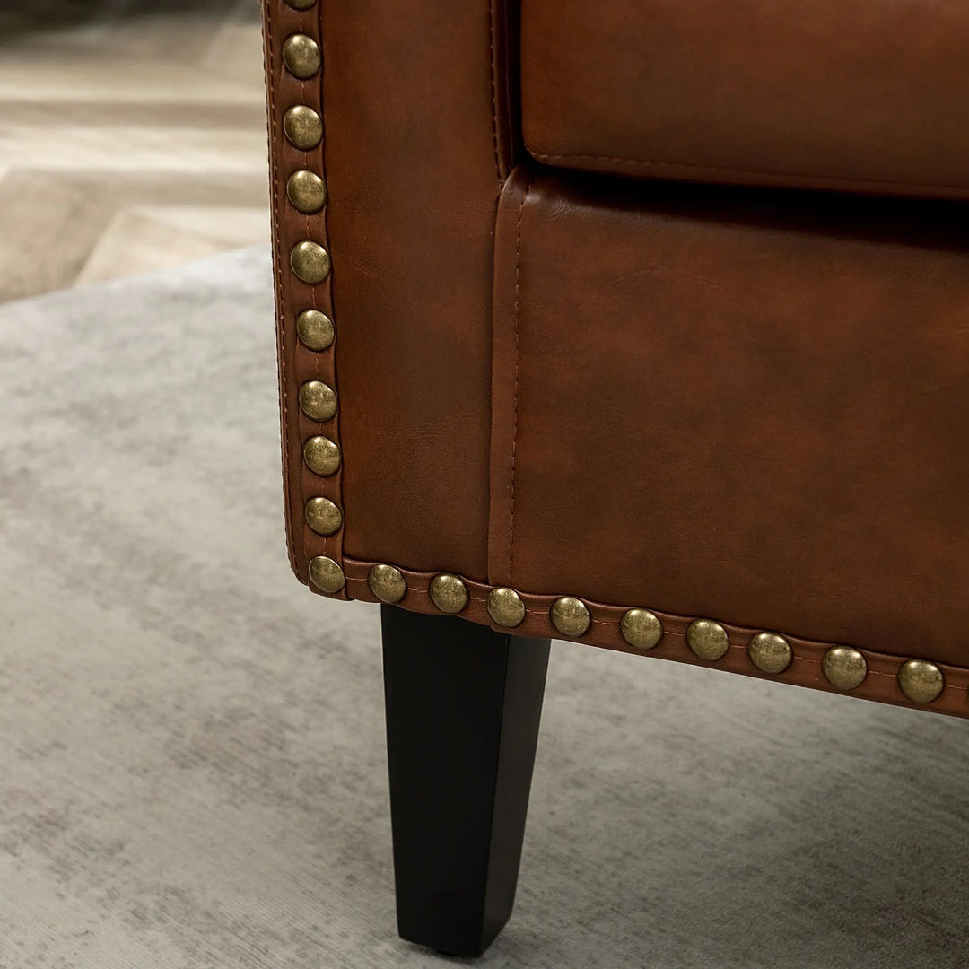 KINWELL 29 Inch Faux Leather Tufted Barrel Club Chairs, Set of 2, Brown