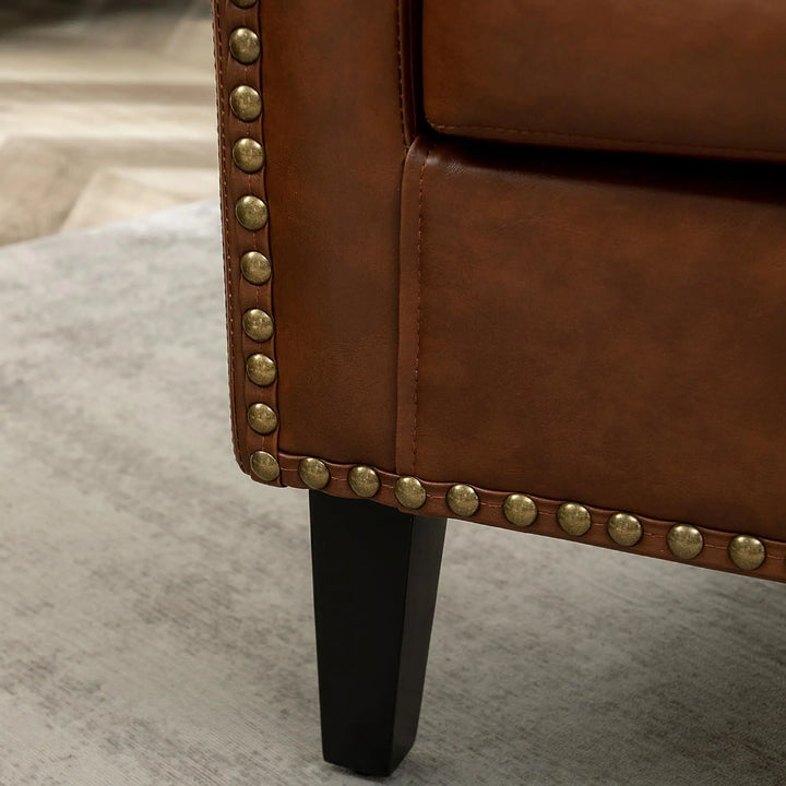KINWELL 29 Inch Faux Leather Tufted Barrel Club Chairs, Set of 2, Brown