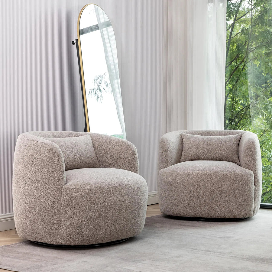 KINWELL 34" Wide Boucle Swivel Barrel Chairs Set of 2, No Assembly Round Upholstered Armchairs with Toss Pillows - Taupe 