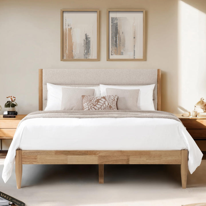 KISLOT Wood Bed Frame with Upholstered Headboard, Oat, Queen 