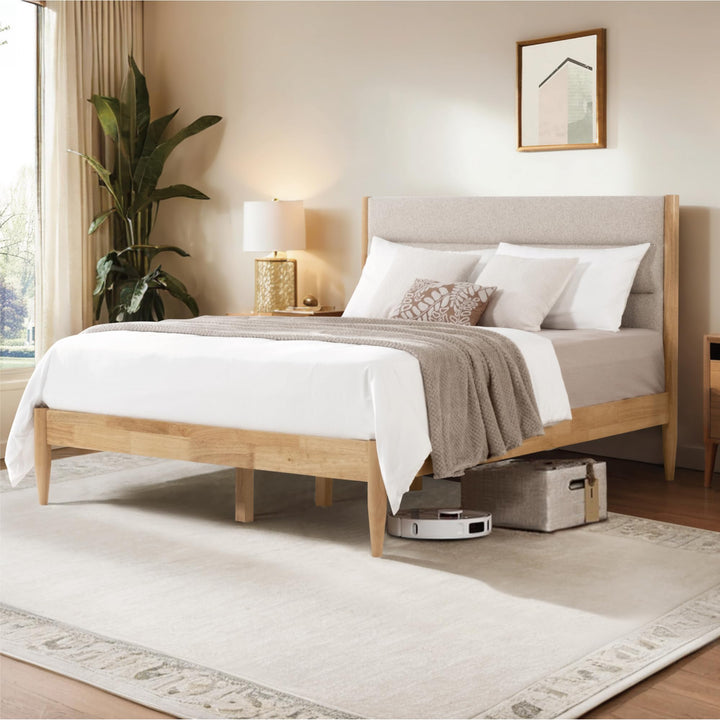 KISLOT Wood Bed Frame with Upholstered Headboard, Oat, Queen 