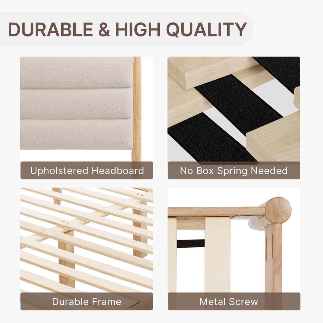 KISLOT Wood Bed Frame with Upholstered Headboard, Oat, Queen 
