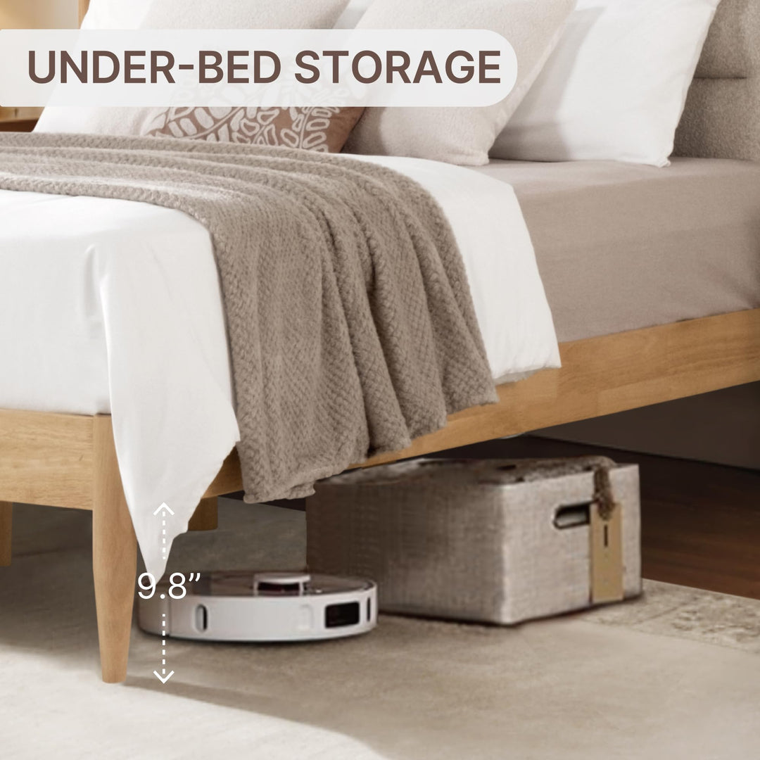KISLOT Wood Bed Frame with Upholstered Headboard, Oat, Queen 
