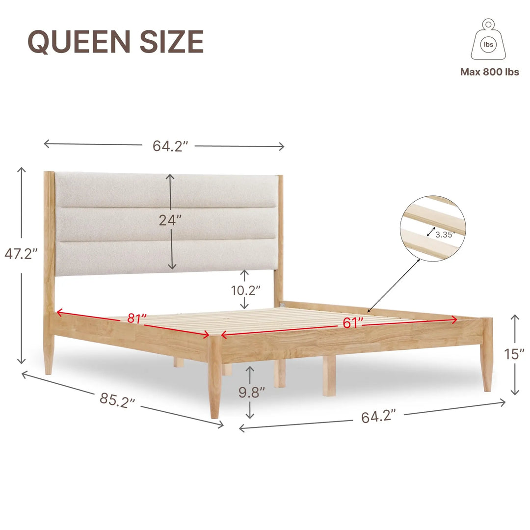 KISLOT Wood Bed Frame with Upholstered Headboard, Oat, Queen 
