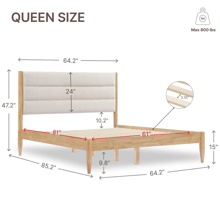 KISLOT Wood Bed Frame with Upholstered Headboard, Oat, Queen 