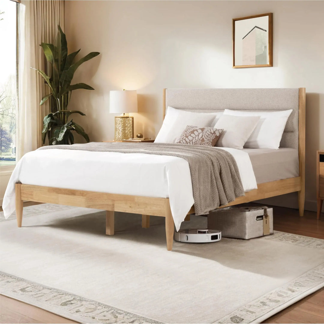 KISLOT Wood Bed Frame with Upholstered Headboard, Oat, Queen 