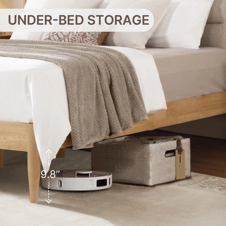 KISLOT Wood Bed Frame with Upholstered Headboard, Oat, Queen 