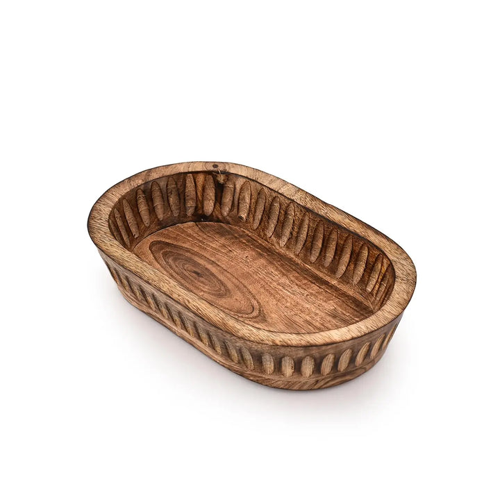 Kaizen Casa Decorative Bowl Mango Wood for Home Decor, Unique Centerpiece Bowl, with Hand Carved Vertical Stripes for Home Decor, Bathroom, Kitchen Counter, & More (10" x 6" x 2")