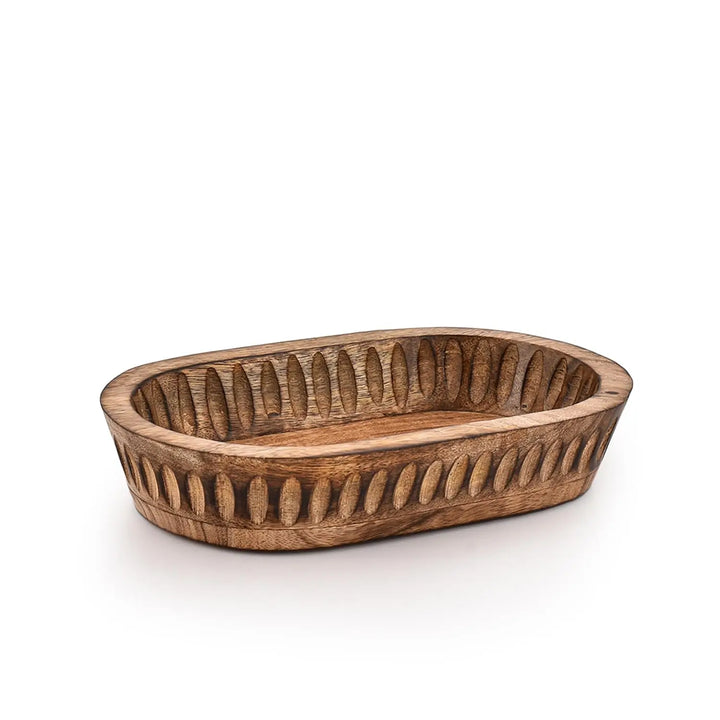 Kaizen Casa Decorative Bowl Mango Wood for Home Decor, Unique Centerpiece Bowl, with Hand Carved Vertical Stripes for Home Decor, Bathroom, Kitchen Counter, & More (10" x 6" x 2")