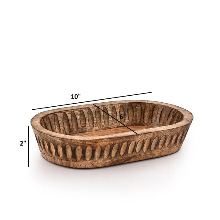 Kaizen Casa Decorative Bowl Mango Wood for Home Decor, Unique Centerpiece Bowl, with Hand Carved Vertical Stripes for Home Decor, Bathroom, Kitchen Counter, & More (10" x 6" x 2")
