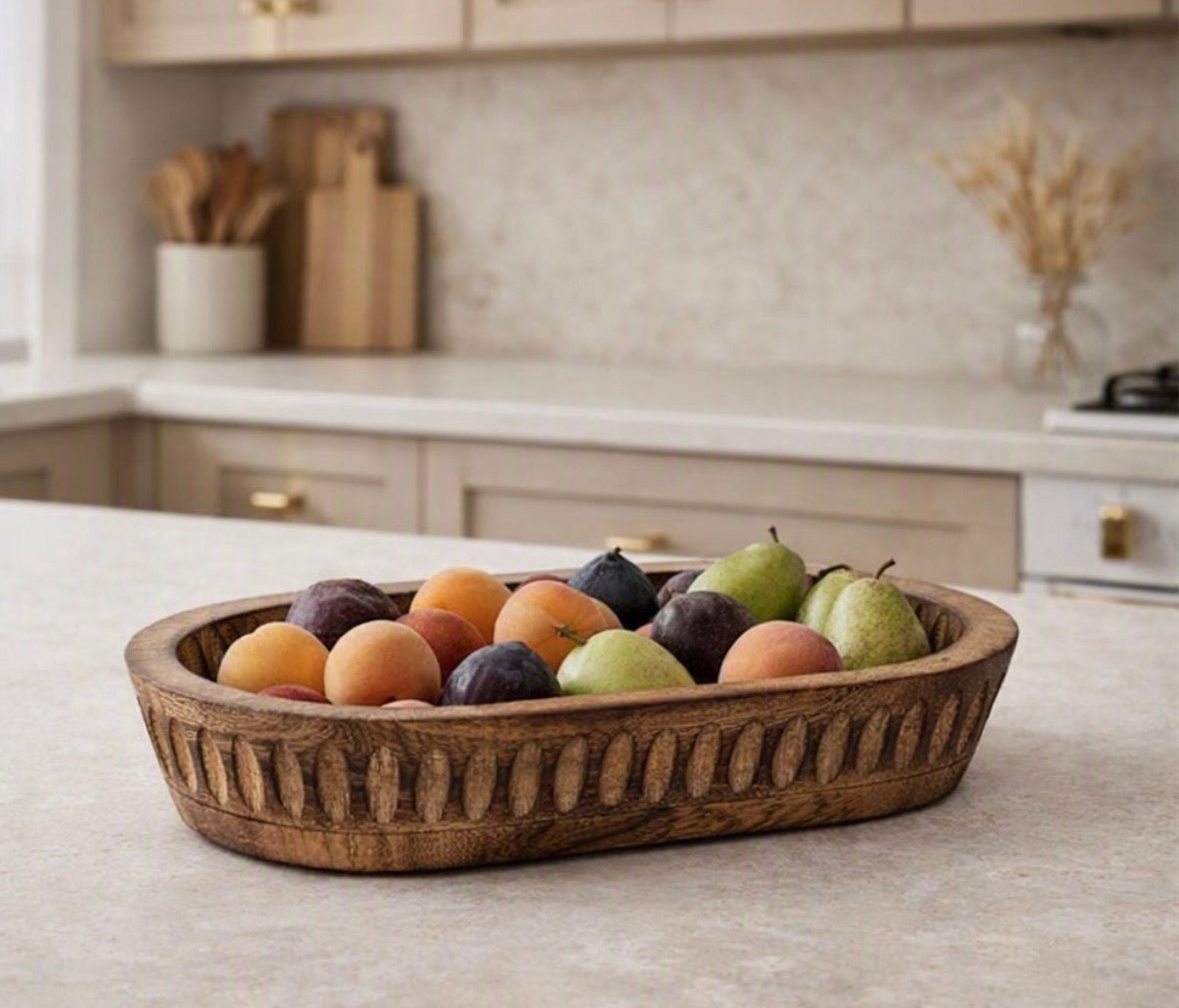 Kaizen Casa Decorative Bowl, Hand-Carved Mango Wood, 10"x6"x2" 