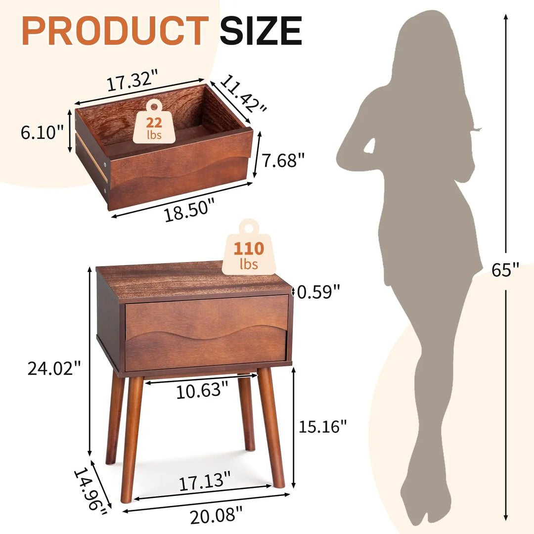 Karl home Brown Mid Century Modern Nightstand, Scandinavian Bedside Table