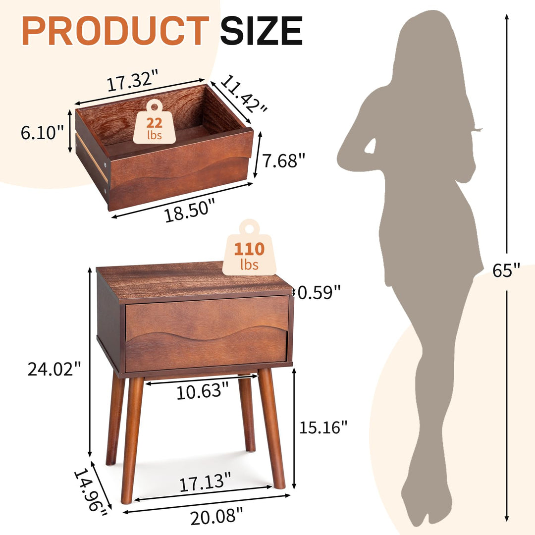 Karl home Brown Mid Century Modern Nightstand, Scandinavian Bedside Table 