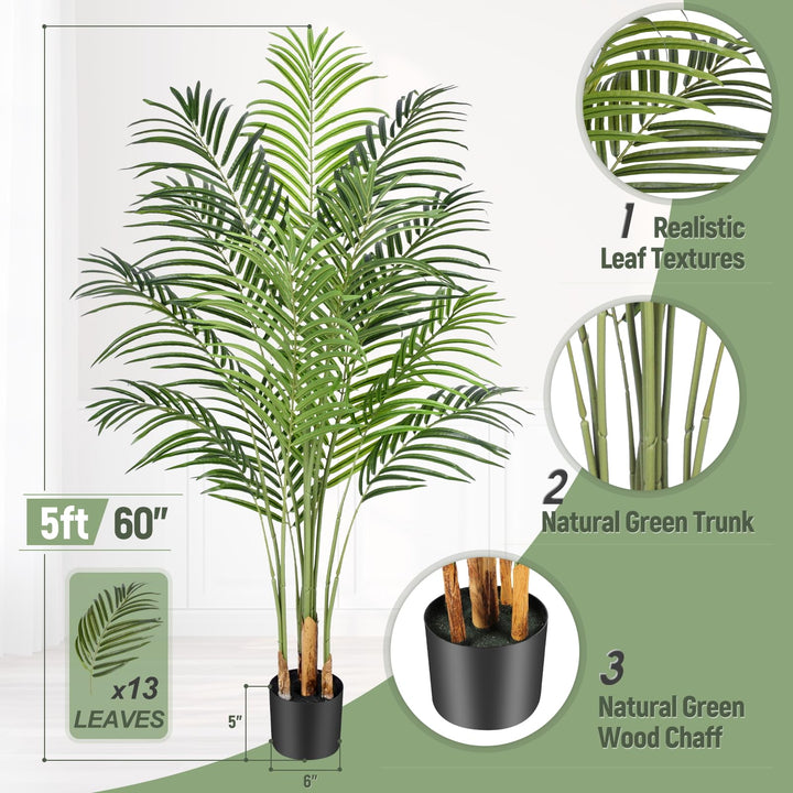 Keeplush 5ft Artificial Palm Tree Indoor Plant Tall Fake Tropical Paradise Palm Tree in Pot with Real Bark Design Faux Areca Palm Tree for Home Office Living Room Bedroom Farmhouse Modern Decor 2pcs 