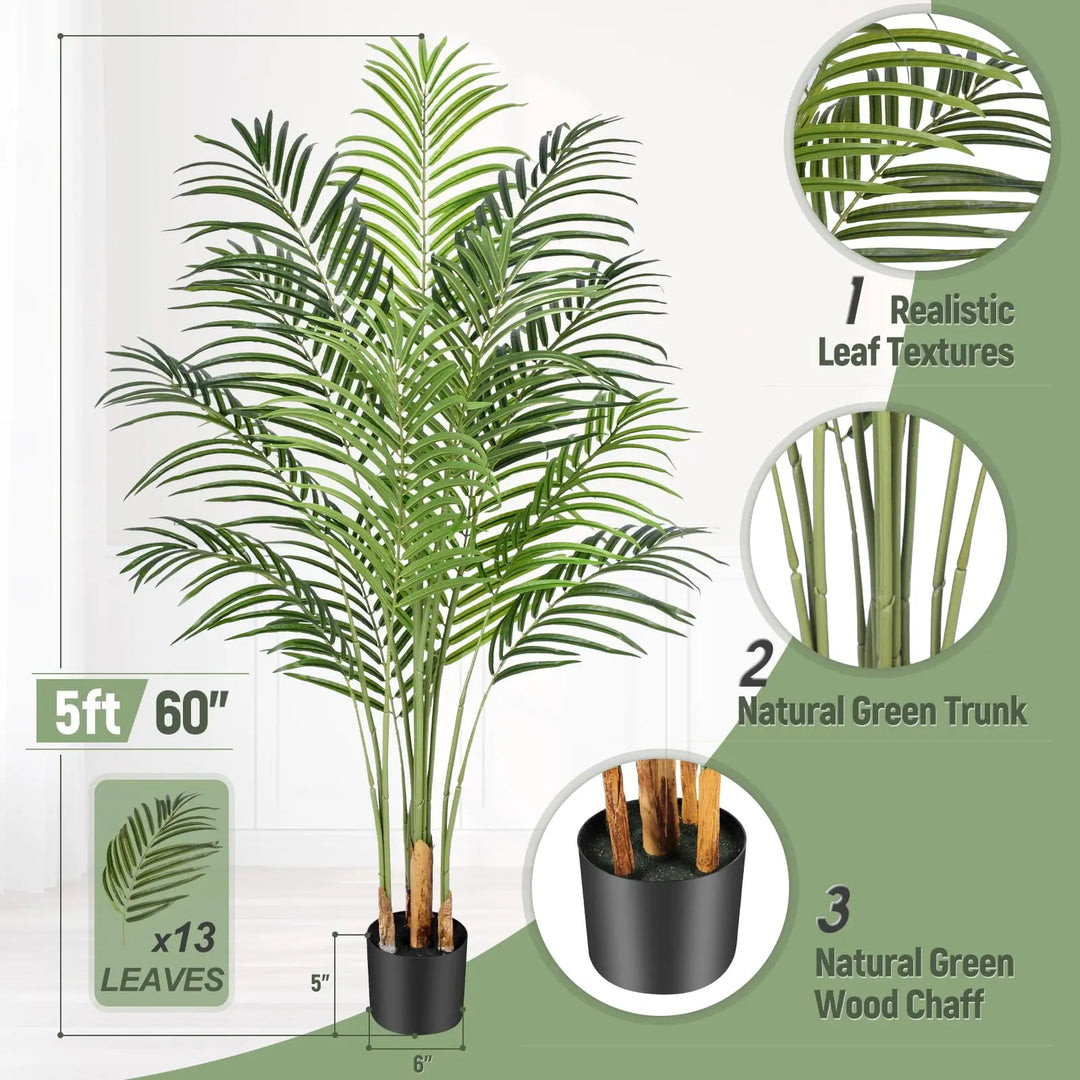 Keeplush 5ft Artificial Palm Tree Indoor Plant Tall Fake Tropical Paradise Palm Tree in Pot with Real Bark Design Faux Areca Palm Tree for Home Office Living Room Bedroom Farmhouse Modern Decor 2pcs 