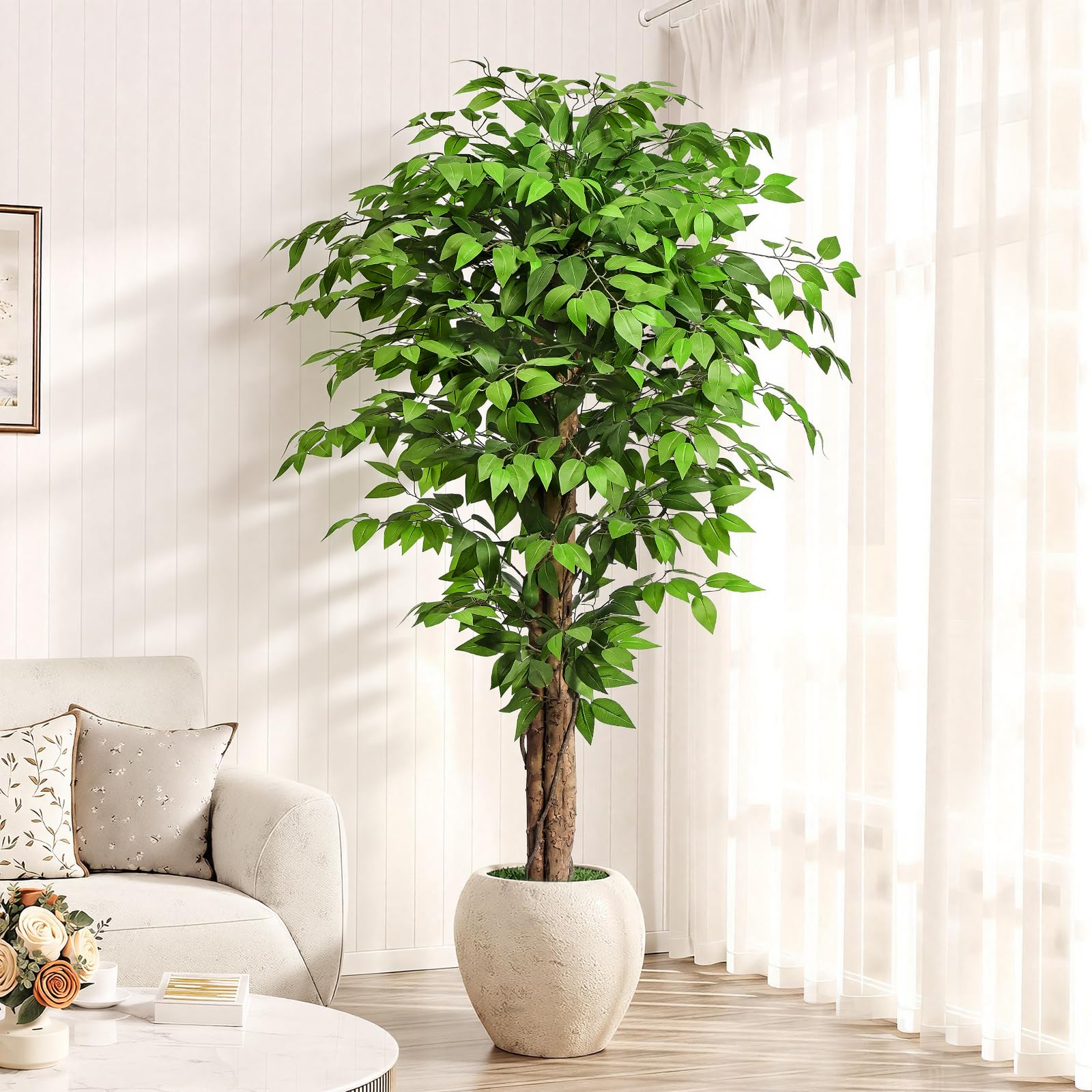 Keeplush 6.2ft Ficus Artificial Trees with 3 Natural Curved Trunks, 74" Tall Lush Faux Tree for Home Decor Indoor, Green Lifelike Fake Ficus Tree Artificial Plants 