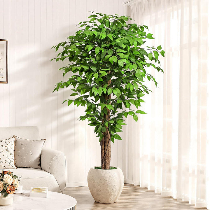 Keeplush 6.2ft Ficus Artificial Trees with 3 Natural Curved Trunks, 74" Tall Lush Faux Tree for Home Decor Indoor, Green Lifelike Fake Ficus Tree Artificial Plants 