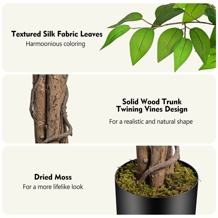 Keeplush 6.2ft Ficus Artificial Trees with 3 Natural Curved Trunks, 74" Tall Lush Faux Tree for Home Decor Indoor, Green Lifelike Fake Ficus Tree Artificial Plants 