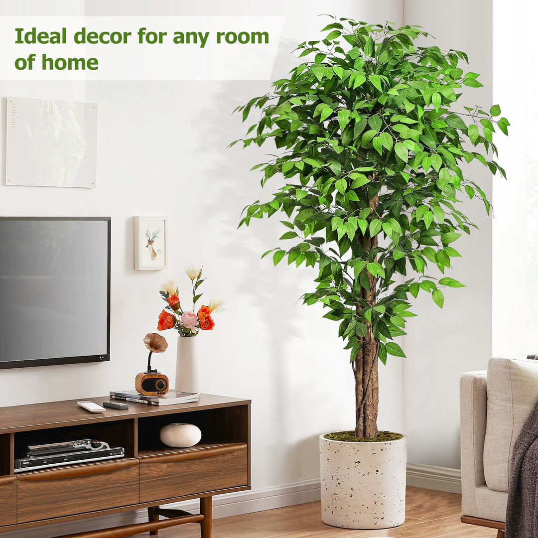 Keeplush 6.2ft Ficus Artificial Trees with 3 Natural Curved Trunks, 74" Tall Lush Faux Tree for Home Decor Indoor, Green Lifelike Fake Ficus Tree Artificial Plants 