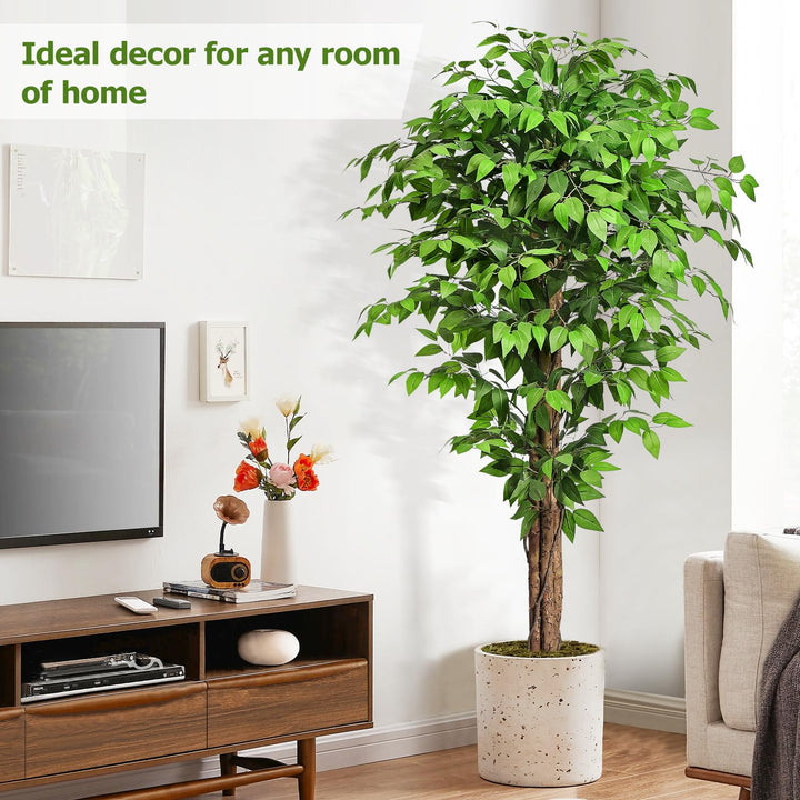 Keeplush 6.2ft Ficus Artificial Trees with 3 Natural Curved Trunks, 74" Tall Lush Faux Tree for Home Decor Indoor, Green Lifelike Fake Ficus Tree Artificial Plants 