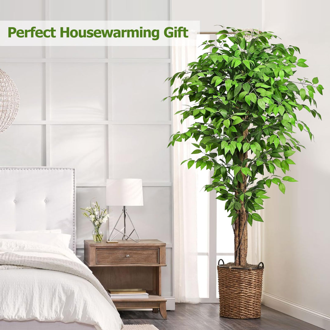 Keeplush 6.2ft Ficus Artificial Trees with 3 Natural Curved Trunks, 74" Tall Lush Faux Tree for Home Decor Indoor, Green Lifelike Fake Ficus Tree Artificial Plants 