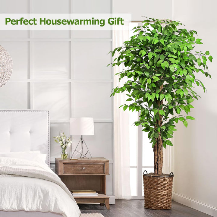 Keeplush 6.2ft Ficus Artificial Trees with 3 Natural Curved Trunks, 74" Tall Lush Faux Tree for Home Decor Indoor, Green Lifelike Fake Ficus Tree Artificial Plants 