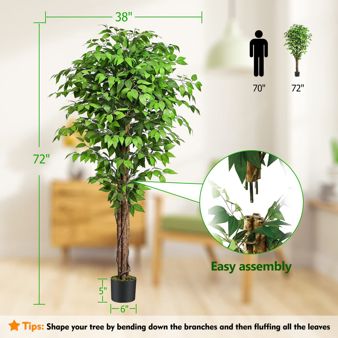 Keeplush 6.2ft Ficus Artificial Trees with 3 Natural Curved Trunks, 74" Tall Lush Faux Tree for Home Decor Indoor, Green Lifelike Fake Ficus Tree Artificial Plants 