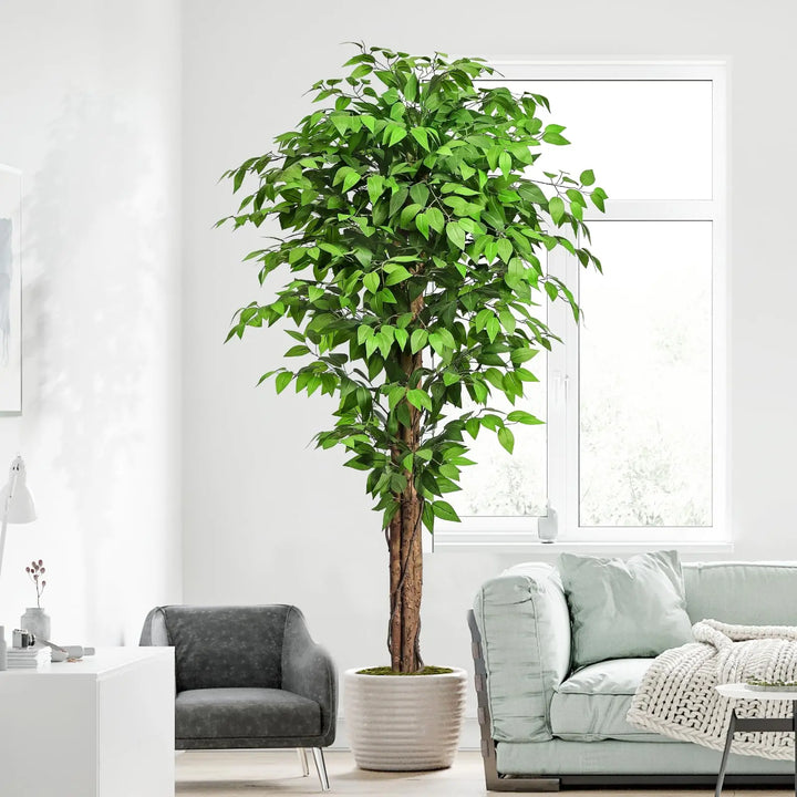 Keeplush 6.2ft Ficus Artificial Trees with 3 Natural Curved Trunks, 74" Tall Lush Faux Tree for Home Decor Indoor, Green Lifelike Fake Ficus Tree Artificial Plants 