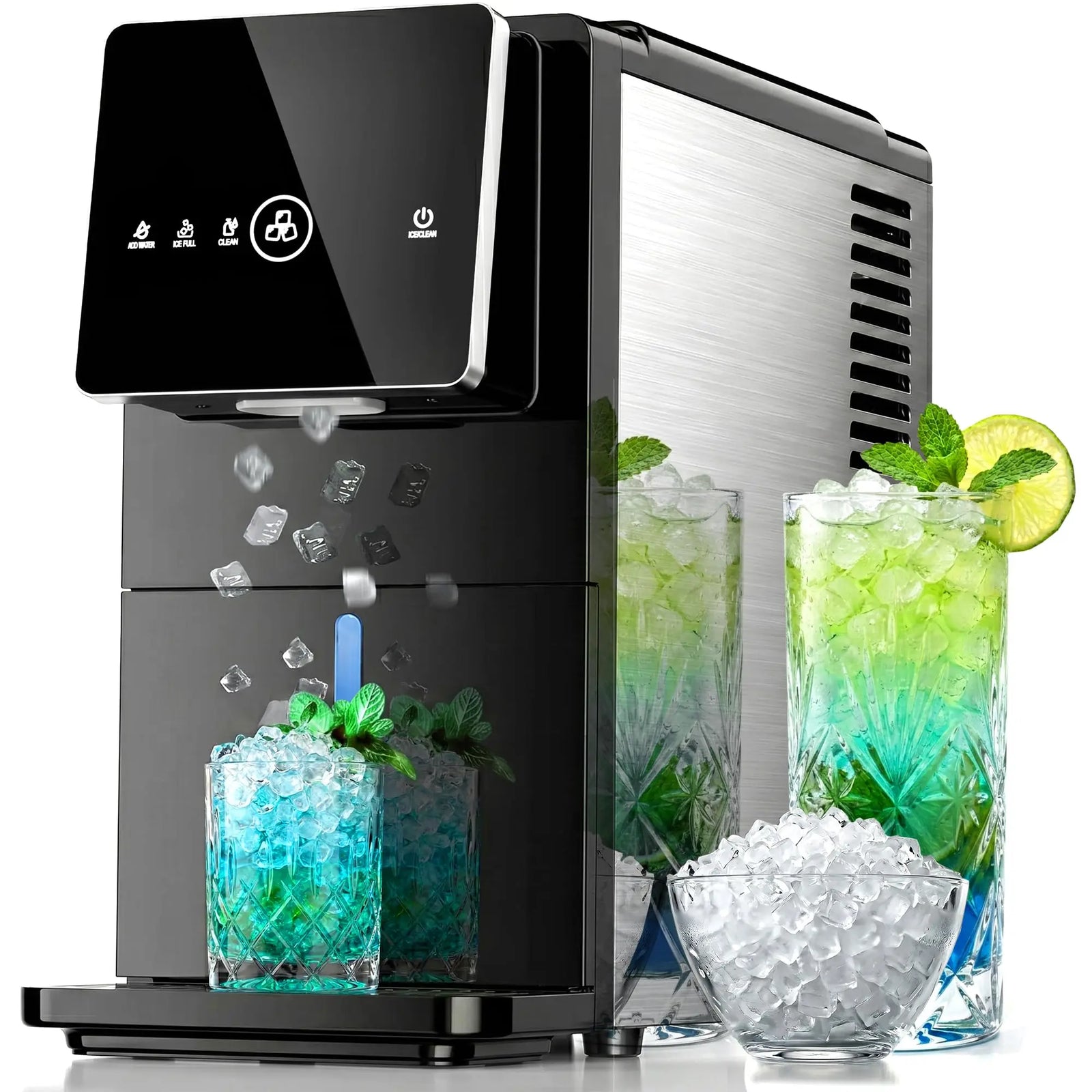 Kismile Nugget Ice Maker Countertop, 33LBS/24H Ice Machine with Soft Chewable Ice, One-Click, Self-Cleaning Function, Stainless Steel Ice Maker with Indicator Lights for Home/Kitchen(Black) 