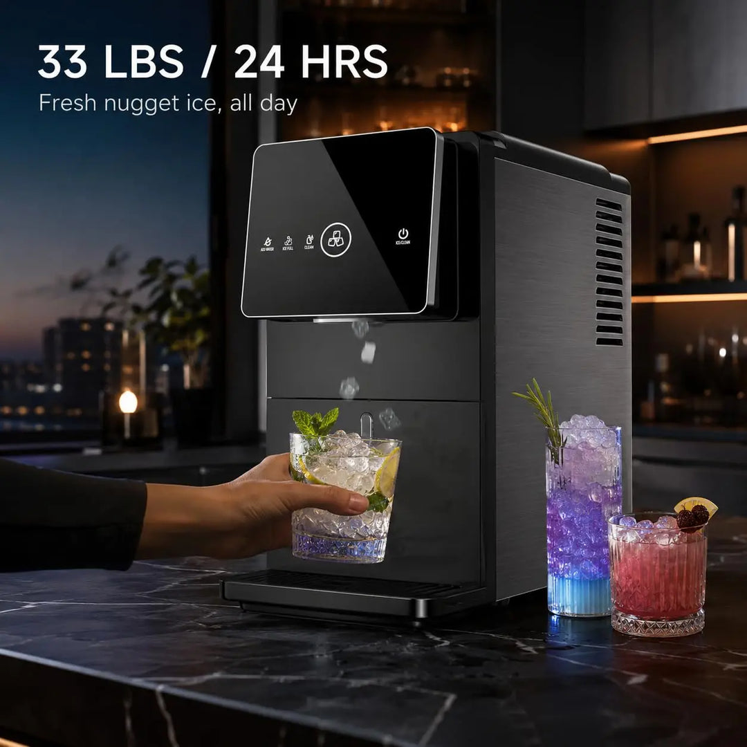 Kismile Nugget Ice Maker Countertop, 33LBS/24H Ice Machine with Soft Chewable Ice, One-Click, Self-Cleaning Function, Stainless Steel Ice Maker with Indicator Lights for Home/Kitchen(Black) 