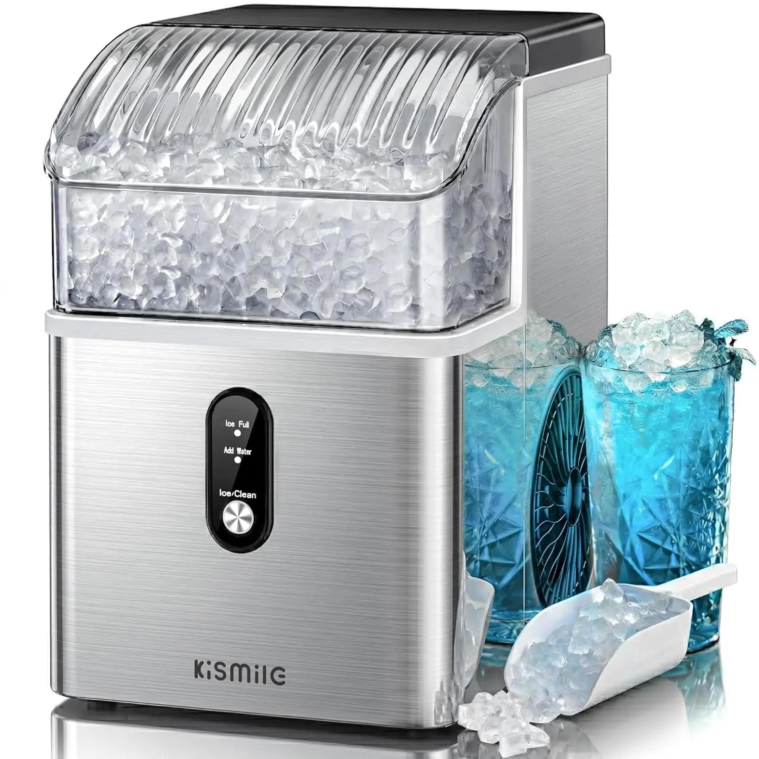 Kismile Nugget Ice Makers Countertop,Portable Ice Machine with Crushed Ice, 35lbs/Day,Self-Cleaning,One-Click Operation for Home Use(Silver) 