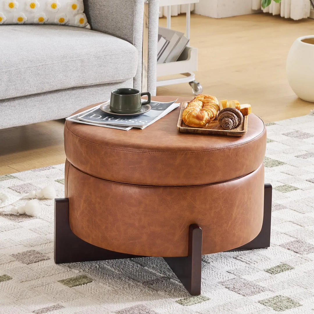 Klmskuk 26 Inch Round Storage Ottoman, Faux Leather with Removable Top, Light Brown
