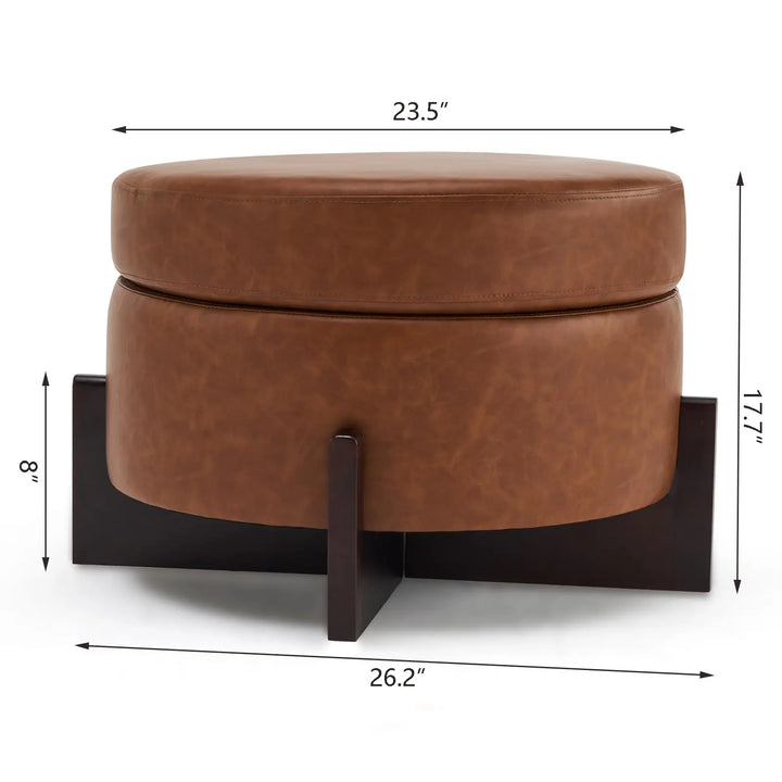 Klmskuk 26 Inch Round Storage Ottoman, Faux Leather with Removable Top, Light Brown
