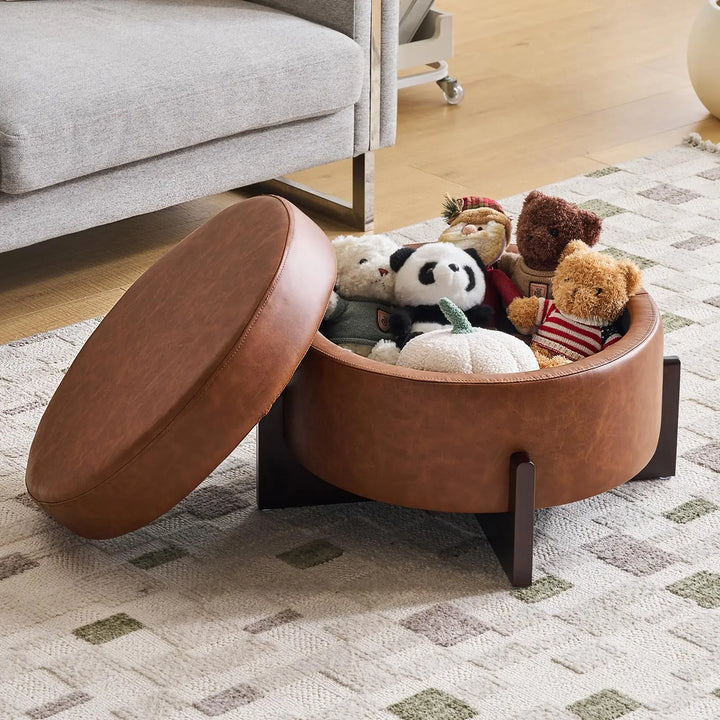 Klmskuk 26 Inch Round Storage Ottoman, Faux Leather with Removable Top, Light Brown