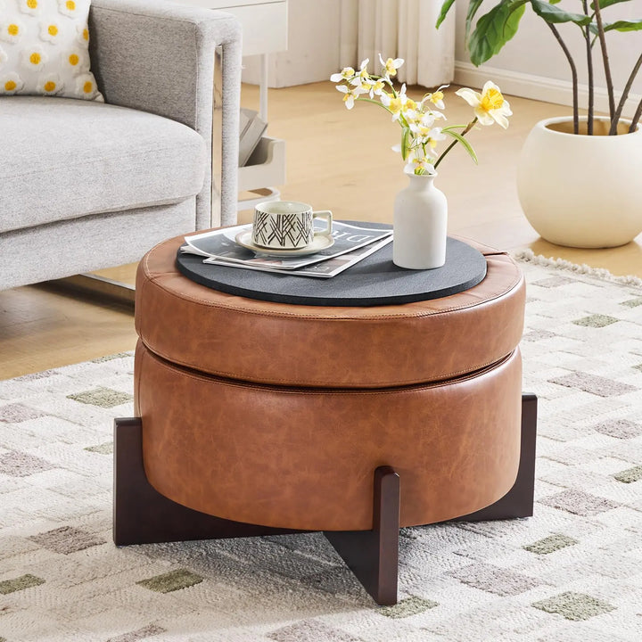 Klmskuk 26 Inch Round Storage Ottoman, Faux Leather with Removable Top, Light Brown