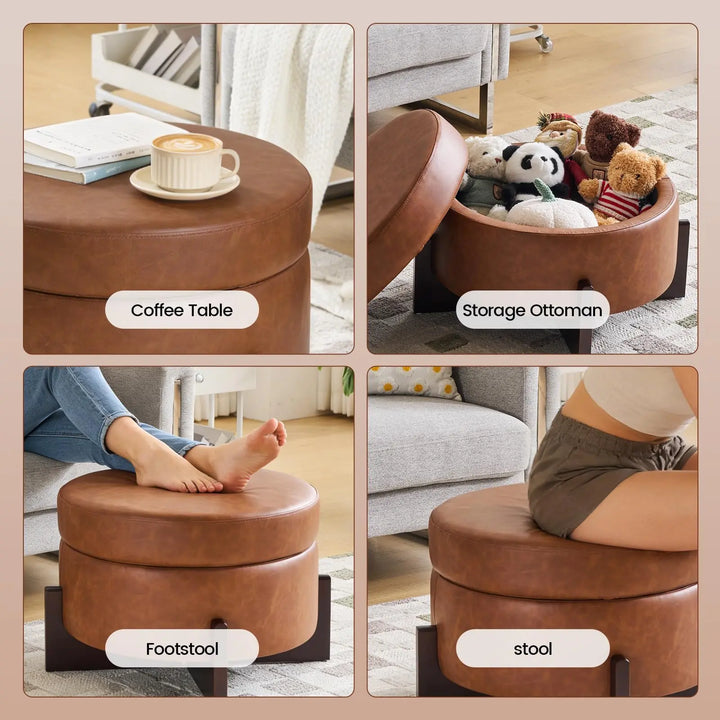 Klmskuk 26 Inch Round Storage Ottoman, Faux Leather with Removable Top, Light Brown