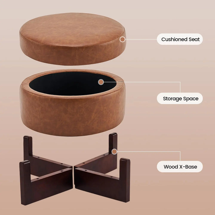 Klmskuk 26 Inch Round Storage Ottoman, Faux Leather with Removable Top, Light Brown