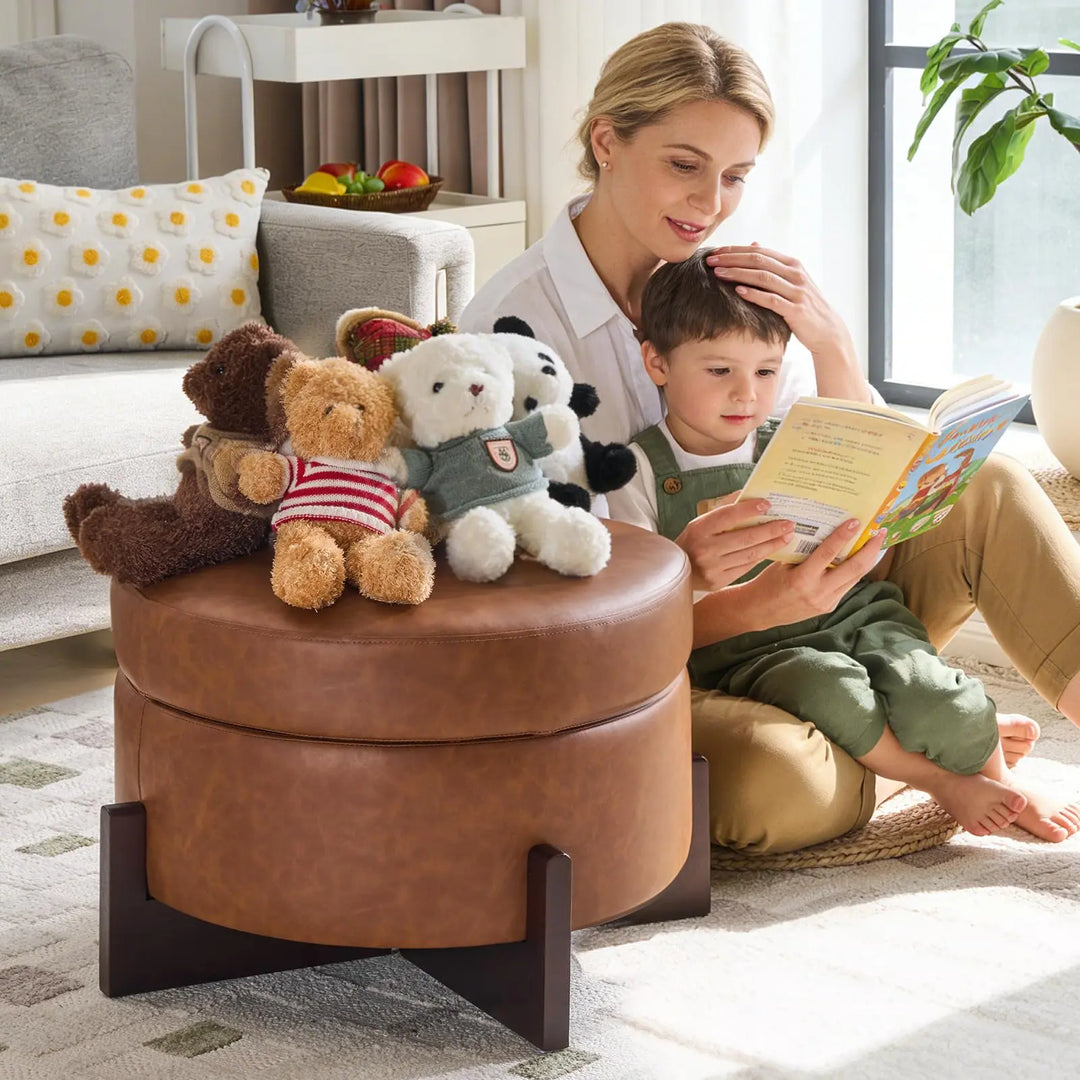 Klmskuk 26 Inch Round Storage Ottoman, Faux Leather with Removable Top, Light Brown