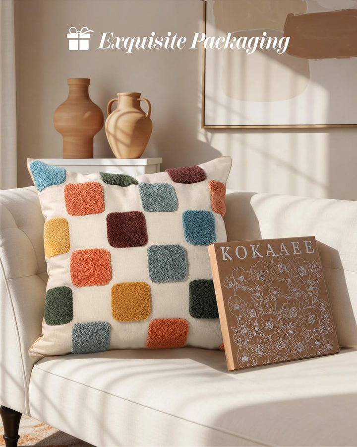 Kokaaee Embroidered Throw Pillow Cover 18x18 Inch, Colorful Plaid 