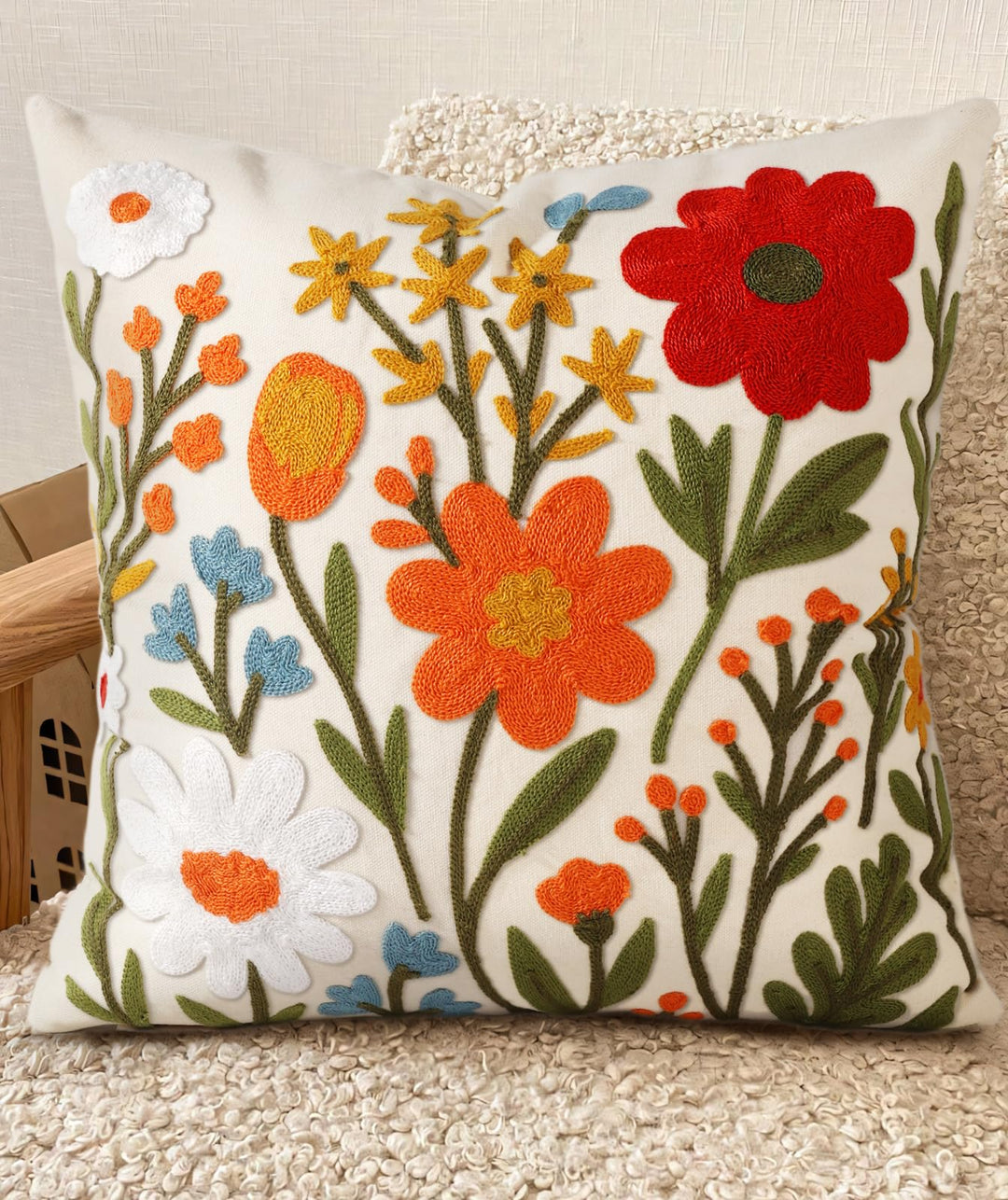 Kokaaee Embroidered Throw Pillow Cover 18x18 Inch, Flower Cluster 