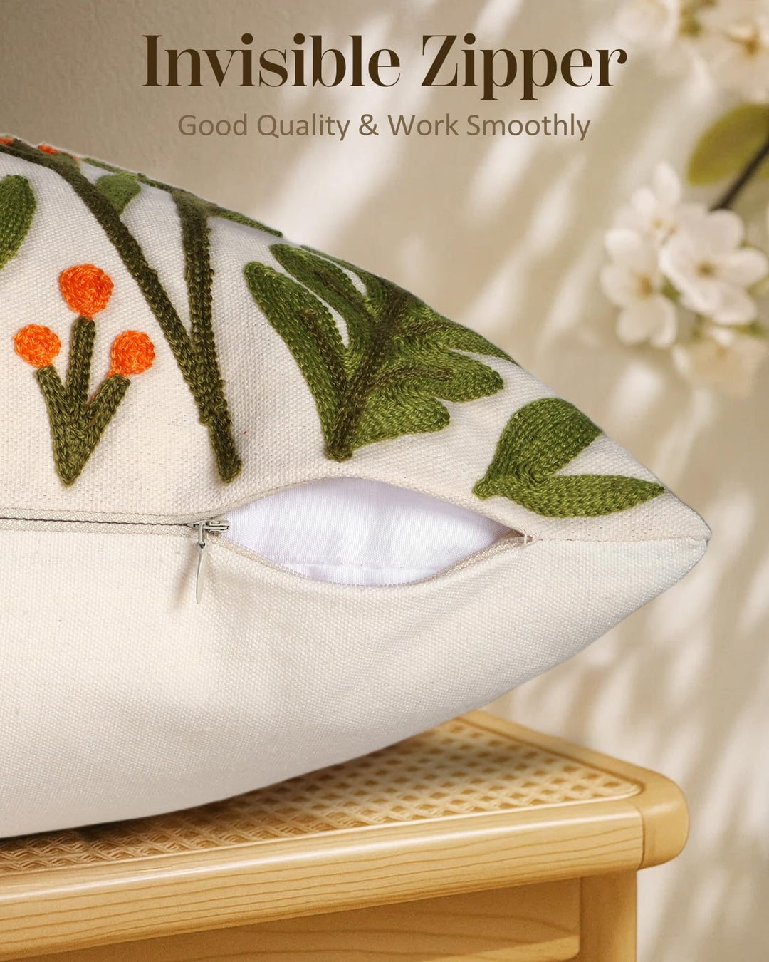 Kokaaee Embroidered Throw Pillow Cover 18x18 Inch, Flower Cluster 