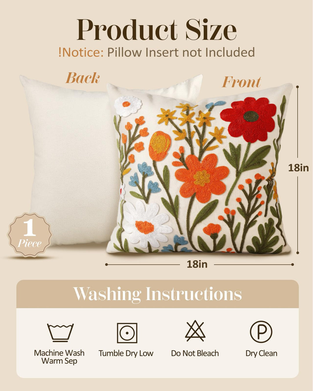 Kokaaee Embroidered Throw Pillow Cover 18x18 Inch, Flower Cluster 