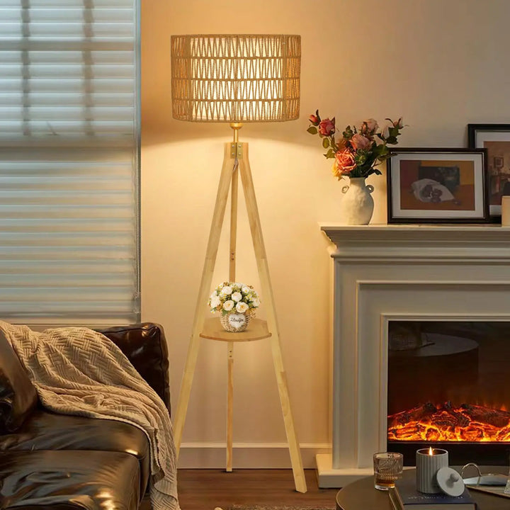 LAMSU Oak Wood Tripod Floor Lamps for Living Room, Boho Floor Lamp with Shelves, Mid Century Rattan Standing Lamp with Fabric Shade, ON/Off Switch, Farmhouse Tall Floor Lamps for Bedroom Office 