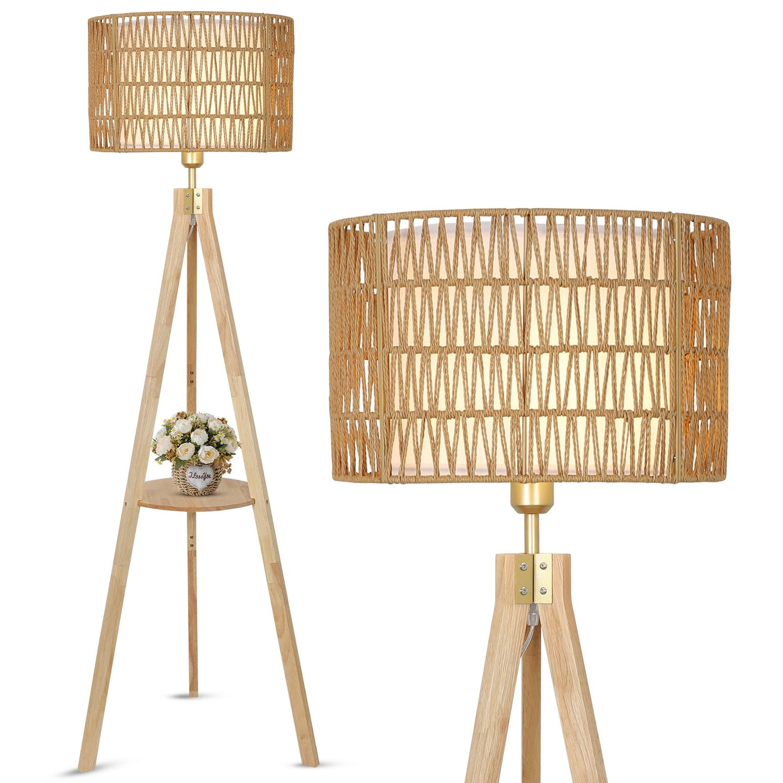 LAMSU Oak Wood Tripod Floor Lamps for Living Room, Boho Floor Lamp with Shelves, Mid Century Rattan Standing Lamp with Fabric Shade, ON/Off Switch, Farmhouse Tall Floor Lamps for Bedroom Office 