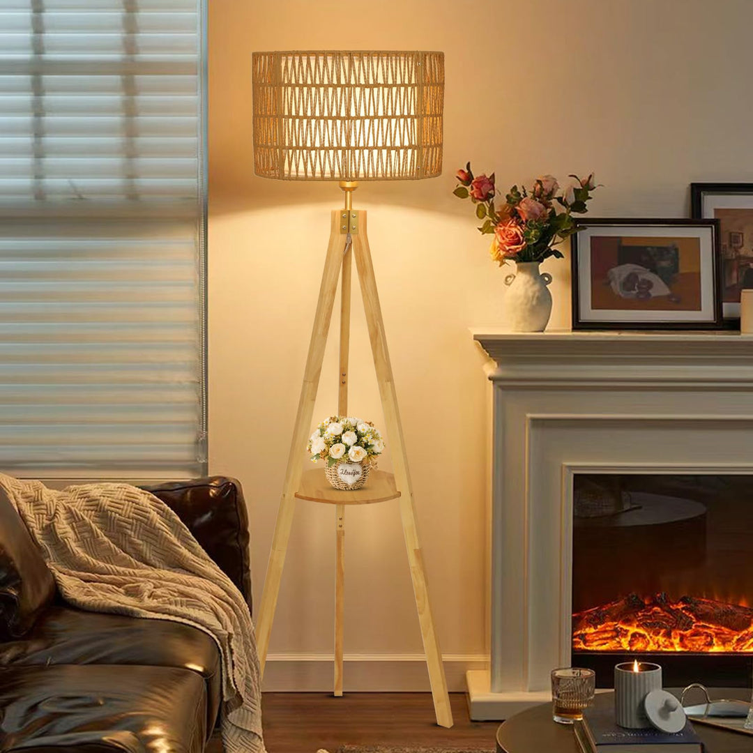 LAMSU Oak Wood Tripod Floor Lamps for Living Room, Boho Floor Lamp with Shelves, Mid Century Rattan Standing Lamp with Fabric Shade, ON/Off Switch, Farmhouse Tall Floor Lamps for Bedroom Office 