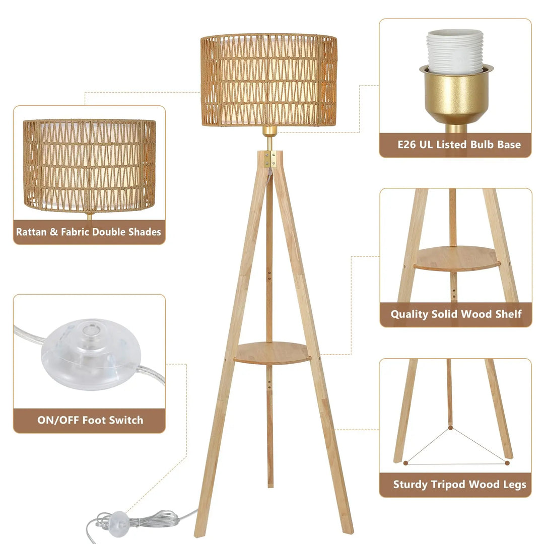 LAMSU Oak Wood Tripod Floor Lamps for Living Room, Boho Floor Lamp with Shelves, Mid Century Rattan Standing Lamp with Fabric Shade, ON/Off Switch, Farmhouse Tall Floor Lamps for Bedroom Office